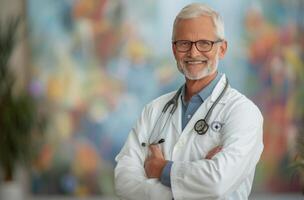 Experienced Doctor Smiling in Medical Office With Abstract Art Background photo