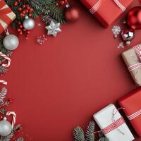 Festive Christmas Gifts and Ornaments on Red Background With Pine and Candy Canes photo