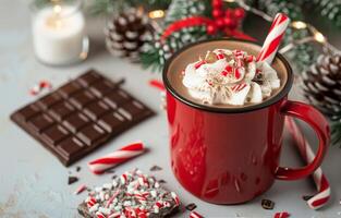 Holiday Hot Chocolate With Peppermint and Decorations on a Rustic Surface photo