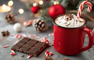 Holiday Hot Chocolate With Peppermint and Decorations on a Rustic Surface photo