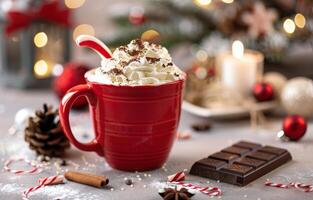 Holiday Hot Chocolate With Peppermint and Decorations on a Rustic Surface photo