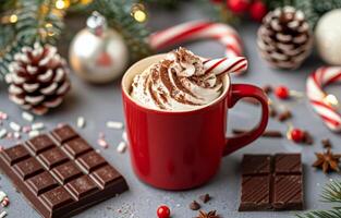 Holiday Hot Chocolate With Peppermint and Decorations on a Rustic Surface photo