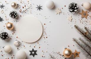 Festive Holiday Decoration Arrangement With Ornaments and Pine on Light Background photo