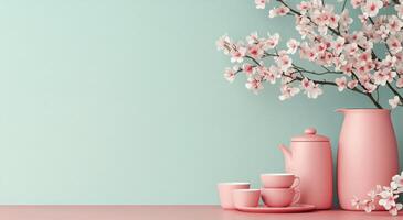 Elegant pink tea set with cherry blossoms on a soft pink background photo