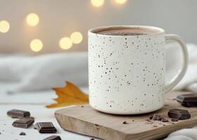 Cozy hot chocolate in a speckled mug with chocolate pieces and autumn leaves on a wooden board photo