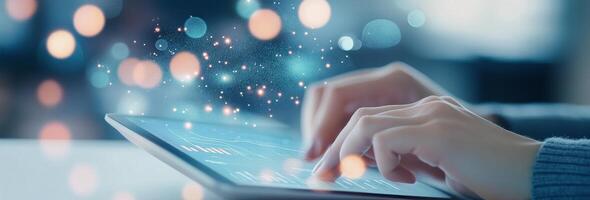 Person typing on a laptop while digital data visualizations float in the air at night photo