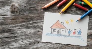 A child's colorful drawing of a house and family on a wooden tabletop with crayons photo