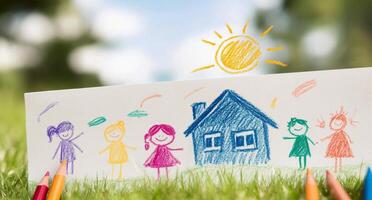 A child's colorful drawing of a house and family on a wooden tabletop with crayons photo