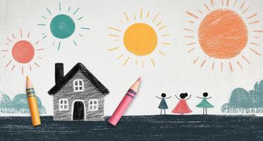A child's colorful drawing of a house and family on a wooden tabletop with crayons photo