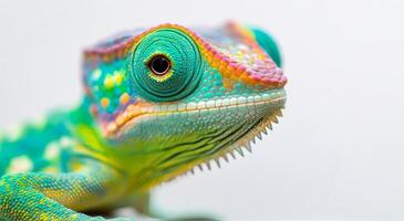 Vibrant chameleon posing against a neutral background photo