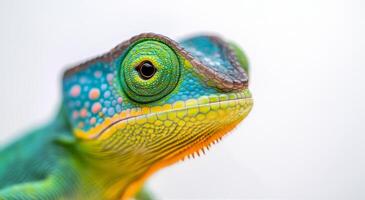 Vibrant chameleon posing against a neutral background photo