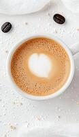 Creamy cappuccino in a white mug with coffee beans on a light background photo