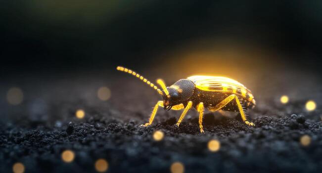 Glowing insect on dark ground with shimmering particles at dusk photo