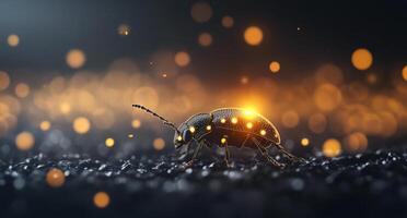 Glowing insect on dark ground with shimmering particles at dusk photo