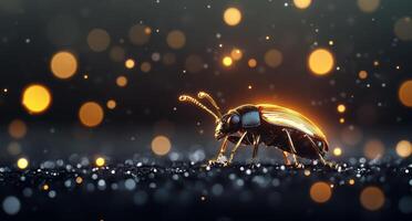 Glowing insect on dark ground with shimmering particles at dusk photo