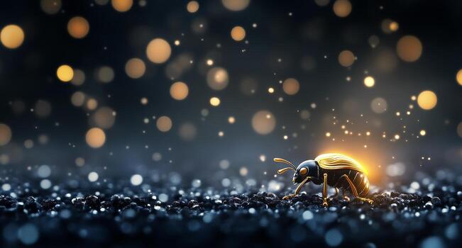 Glowing insect on dark ground with shimmering particles at dusk photo
