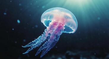Ethereal jellyfish gliding in deep blue water illuminated by soft light photo