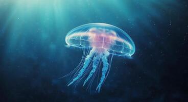 Ethereal jellyfish gliding in deep blue water illuminated by soft light photo