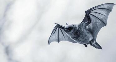 A bat flying against a soft gray background during early morning light photo