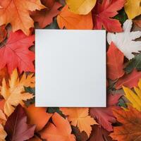 Blank square paper surrounded by vibrant autumn leaves in a warm seasonal arrangement photo