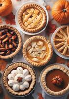 Assorted homemade pies on a table surrounded by pumpkins during autumn photo