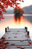 Autumn leaves on a wooden dock by a tranquil lake at sunset photo