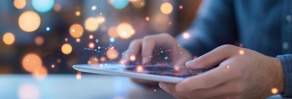 Person analyzing financial data on a tablet with colorful graphs and blurred background lights photo