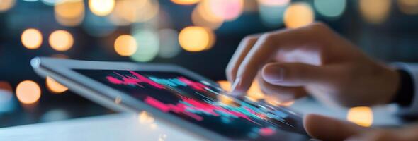 Person analyzing financial data on a tablet with colorful graphs and blurred background lights photo