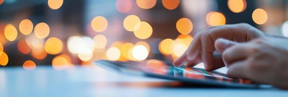 Person analyzing financial data on a tablet with colorful graphs and blurred background lights photo