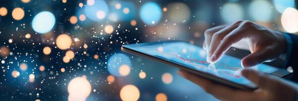 Person analyzing financial data on a tablet with colorful graphs and blurred background lights photo