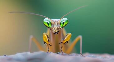 Close-up of a vibrant green mantis perched on a leaf in natural sunlight photo