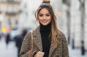 Young woman in leopard print coat walking on a busy city street in autumn photo
