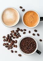 Coffee preparation with grounded beans, cocoa powder, and brewed drink on a white surface photo