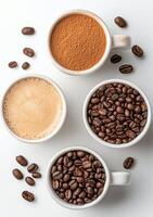 Coffee preparation with grounded beans, cocoa powder, and brewed drink on a white surface photo