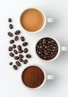 Coffee preparation with grounded beans, cocoa powder, and brewed drink on a white surface photo
