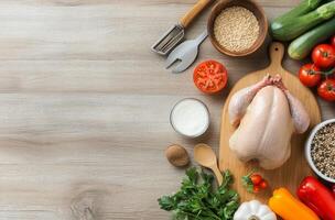 Fresh chicken surrounded by vegetables and herbs on a wooden kitchen countertop photo