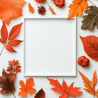 Colorful autumn leaves arranged in a circular pattern on a white background photo
