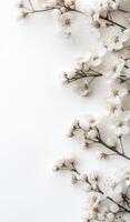 Delicate white blossoms arranged on a light background for spring decor photo