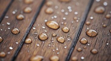 Water droplets resting on textured wooden surface after rainfall photo