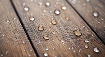 Water droplets resting on textured wooden surface after rainfall photo