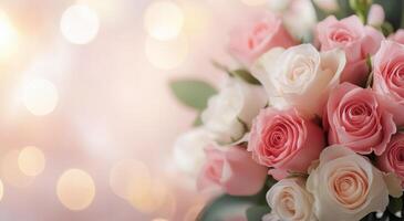 Bouquet of pink and cream roses with a blank gift card placed in a sunlit outdoor setting photo