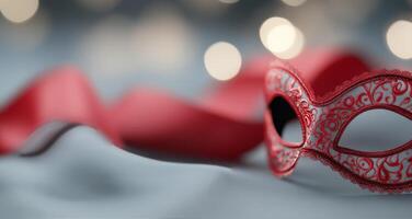 Elegant red mask with ribbon on soft fabric surrounded by twinkling lights photo