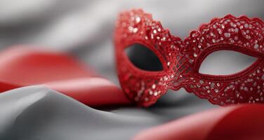 Elegant red mask with ribbon on soft fabric surrounded by twinkling lights photo