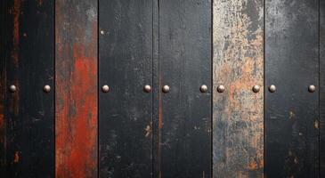 Weathered black wooden door with decorative metal studs in an aged texture photo