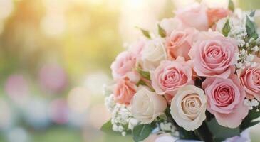 Bouquet of pink and cream roses with a blank gift card placed in a sunlit outdoor setting photo