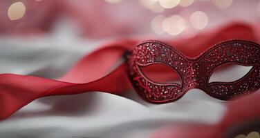 Elegant red mask with ribbon on soft fabric surrounded by twinkling lights photo