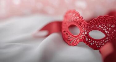 Elegant red mask with ribbon on soft fabric surrounded by twinkling lights photo