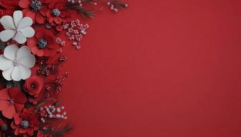 Vibrant red floral arrangement with white accents on a bold red background photo