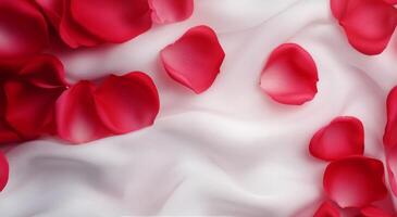 Red rose petals scattered on soft white fabric in an intimate setting photo
