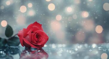 A red rose resting on a reflective surface after rainfall with blurred lights in the background photo